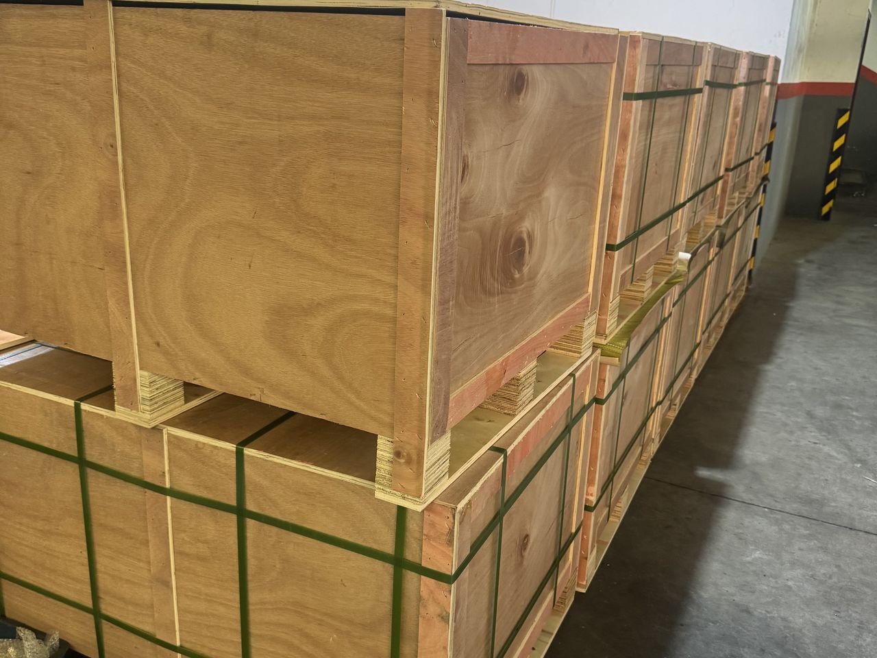 Components packed in plywood export crates for overseas delivery