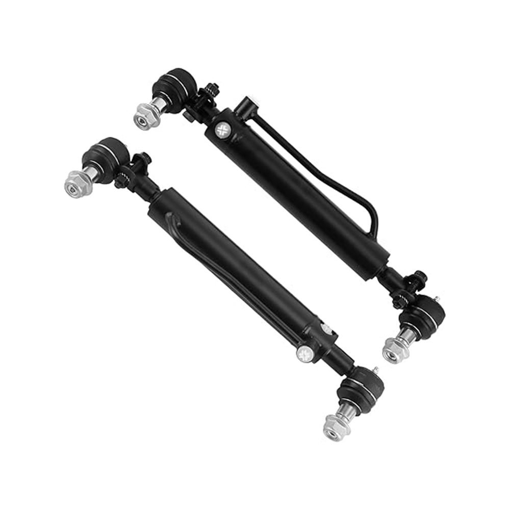 Pair of agricultural hydraulic cylinders shown at an angle, welded steel body
