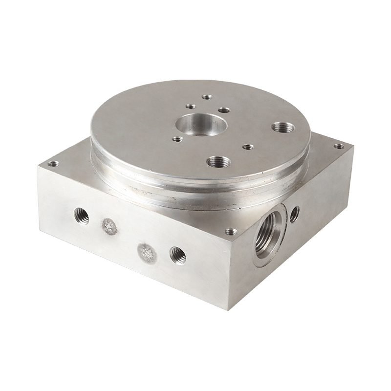CNC-machined steel hydraulic valve block manifold with threaded ports